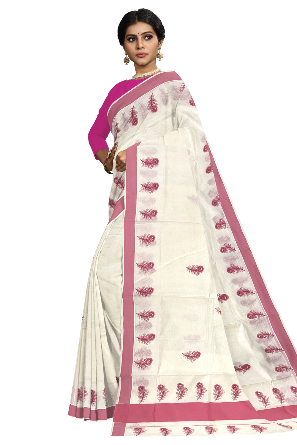 Pure Cotton Kerala Saree with Pink Feather Block Printed Border