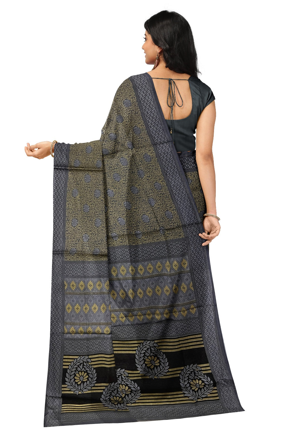 Southloom Cotton Green and Grey Designer Printed Saree