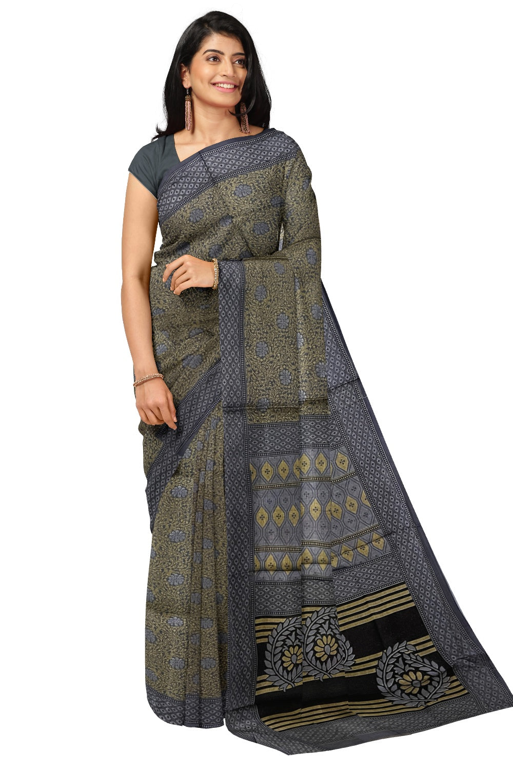 Southloom Cotton Green and Grey Designer Printed Saree