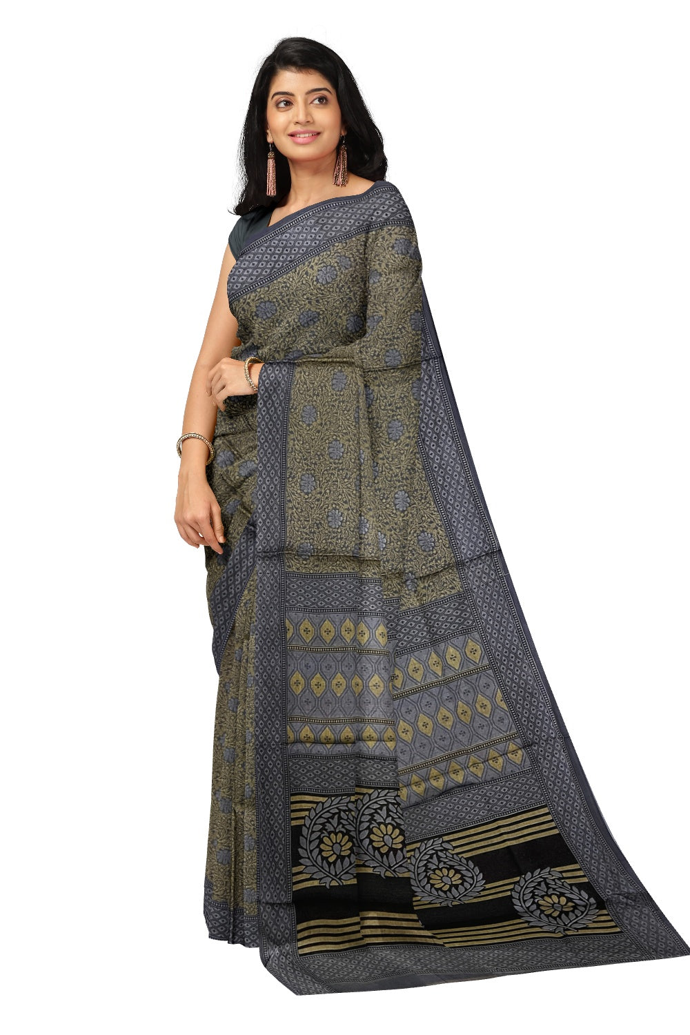 Southloom Cotton Green and Grey Designer Printed Saree