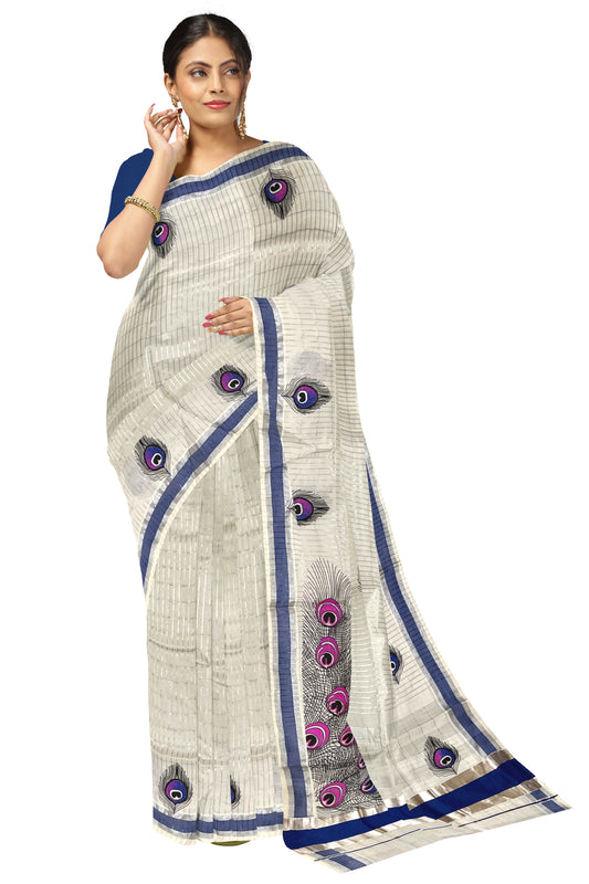 Pure Cotton Kerala Saree with Silver Kasavu Checks and Feather Block Prints on Blue Border