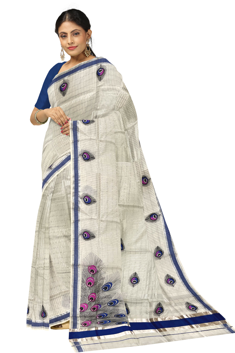 Pure Cotton Kerala Saree with Silver Kasavu Checks and Feather Block Prints on Blue Border