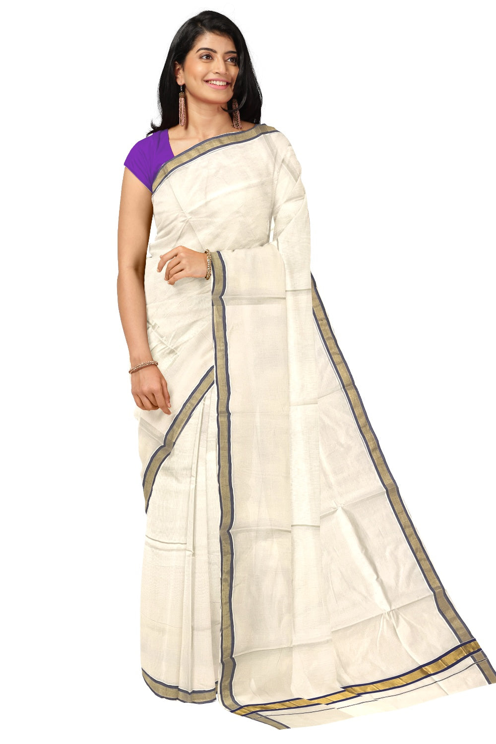 Pure Cotton Kerala Plain Saree with Kasavu and Blue Border