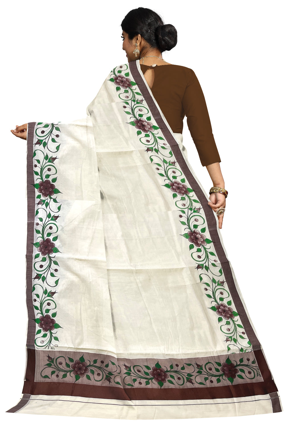 Pure Cotton Kerala Saree with Floral Block Printed Brown Border