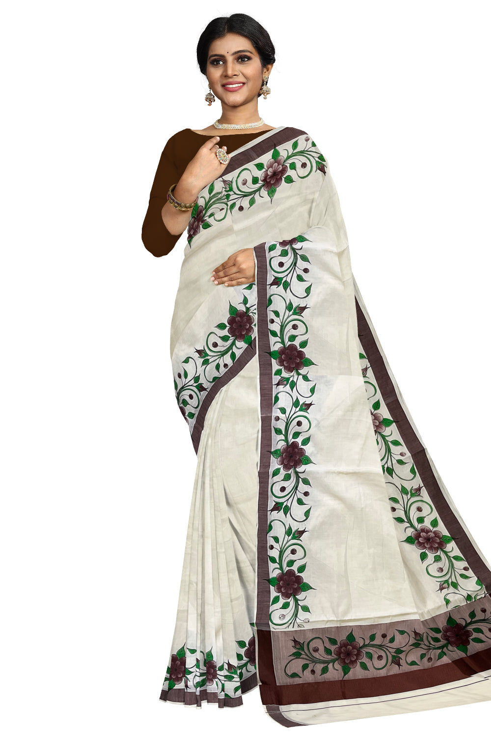 Pure Cotton Kerala Saree with Floral Block Printed Brown Border