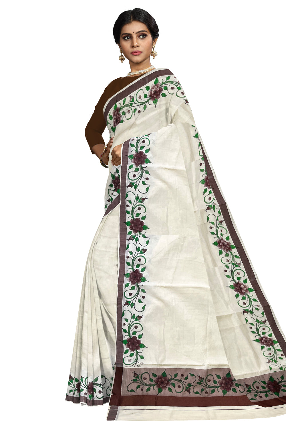 Pure Cotton Kerala Saree with Floral Block Printed Brown Border