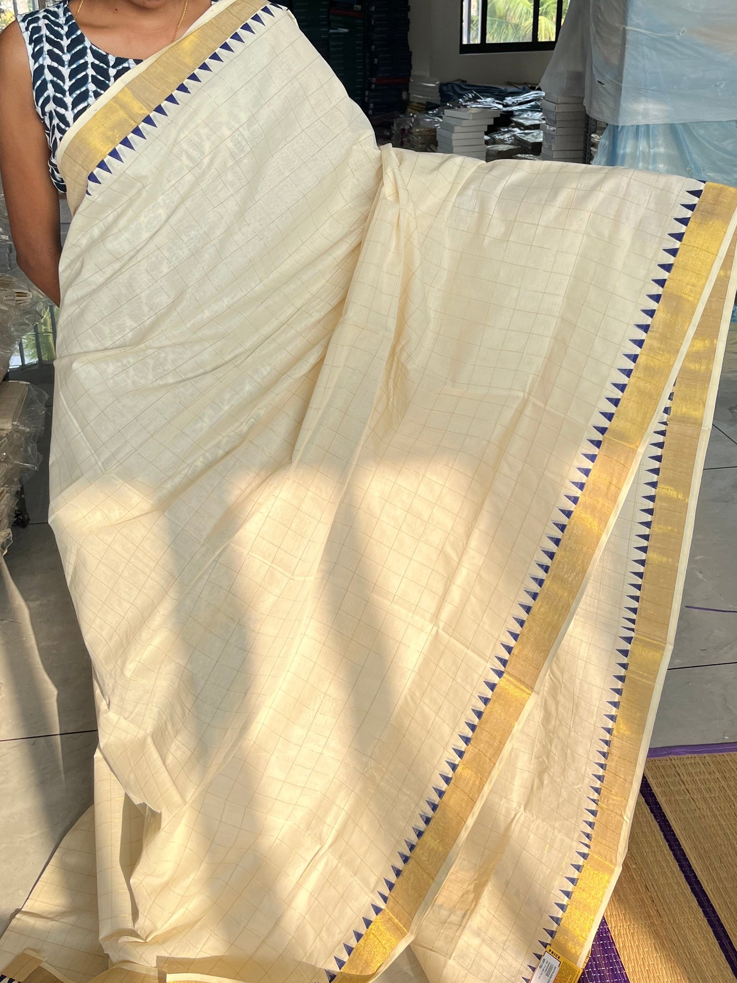 Kerala Cotton Check Saree Without Tassels SL165