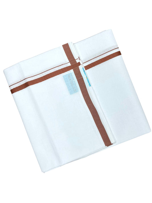 Southloom Pure White Cotton Single Mundu with Brown Border (South Indian Kerala Dhoti)