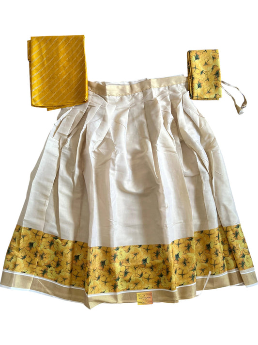 Southloom Semi Stitched Dhavani Set with Pavada and Yellow Blouse Piece With Kanikonna Print SL290