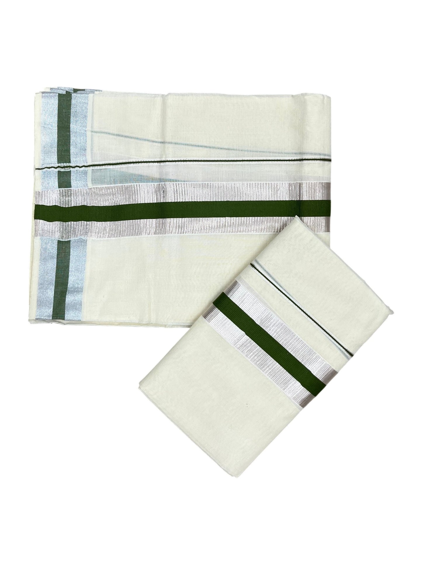 Southloom Kerala Cotton Set Mundu (Mundum Neriyathum) with olive Green and Silver Kasavu Border 2.80 Mtrs