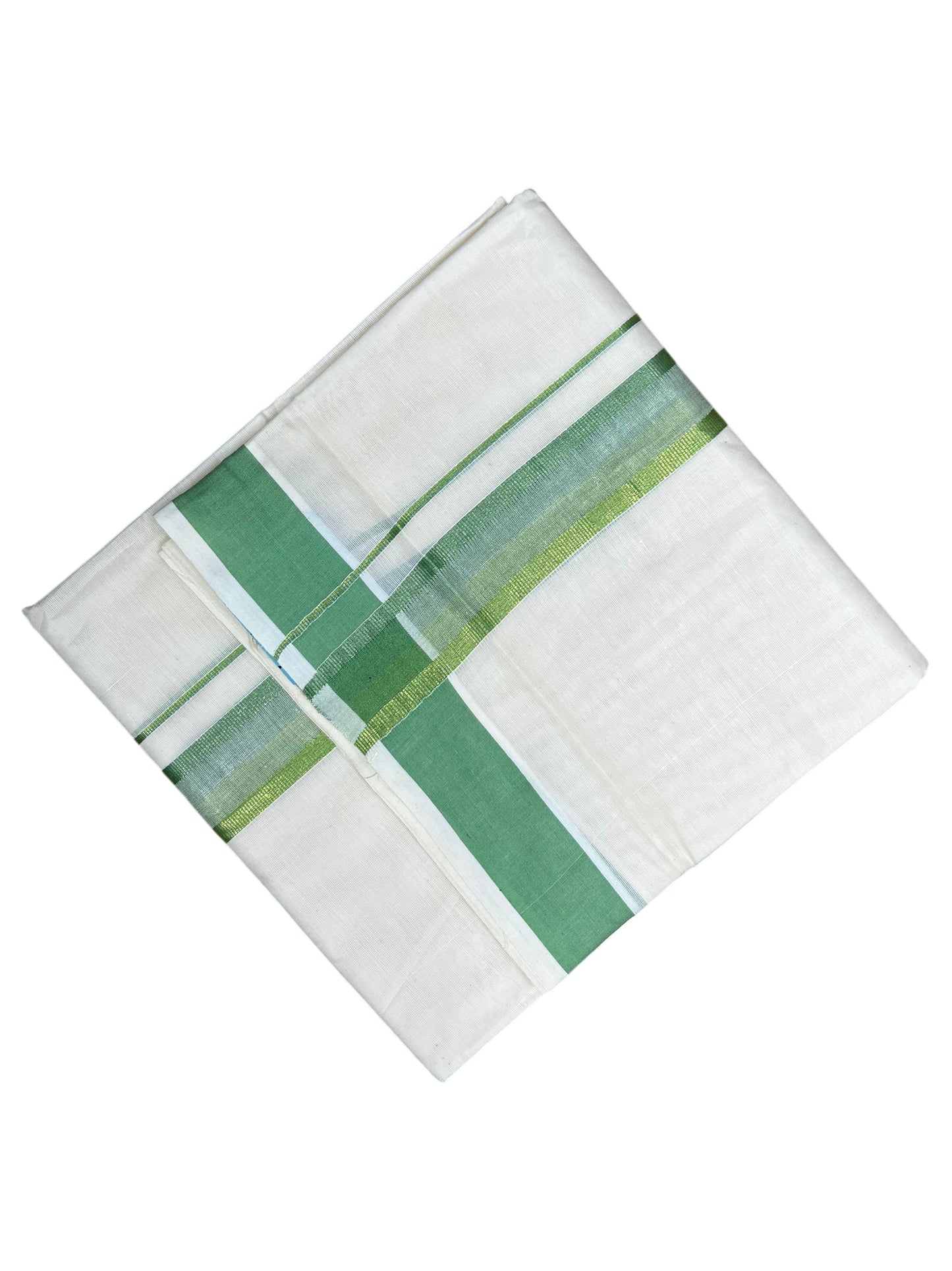 Southloom Kerala Pure Cotton Double Mundu with Green Border (South Indian Dhoti)