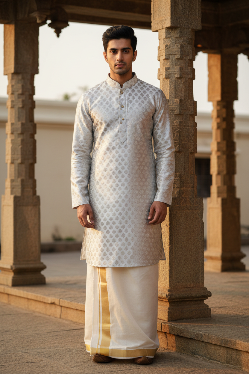 Southloom Semi Silk Short Kurta for Men in White Colour