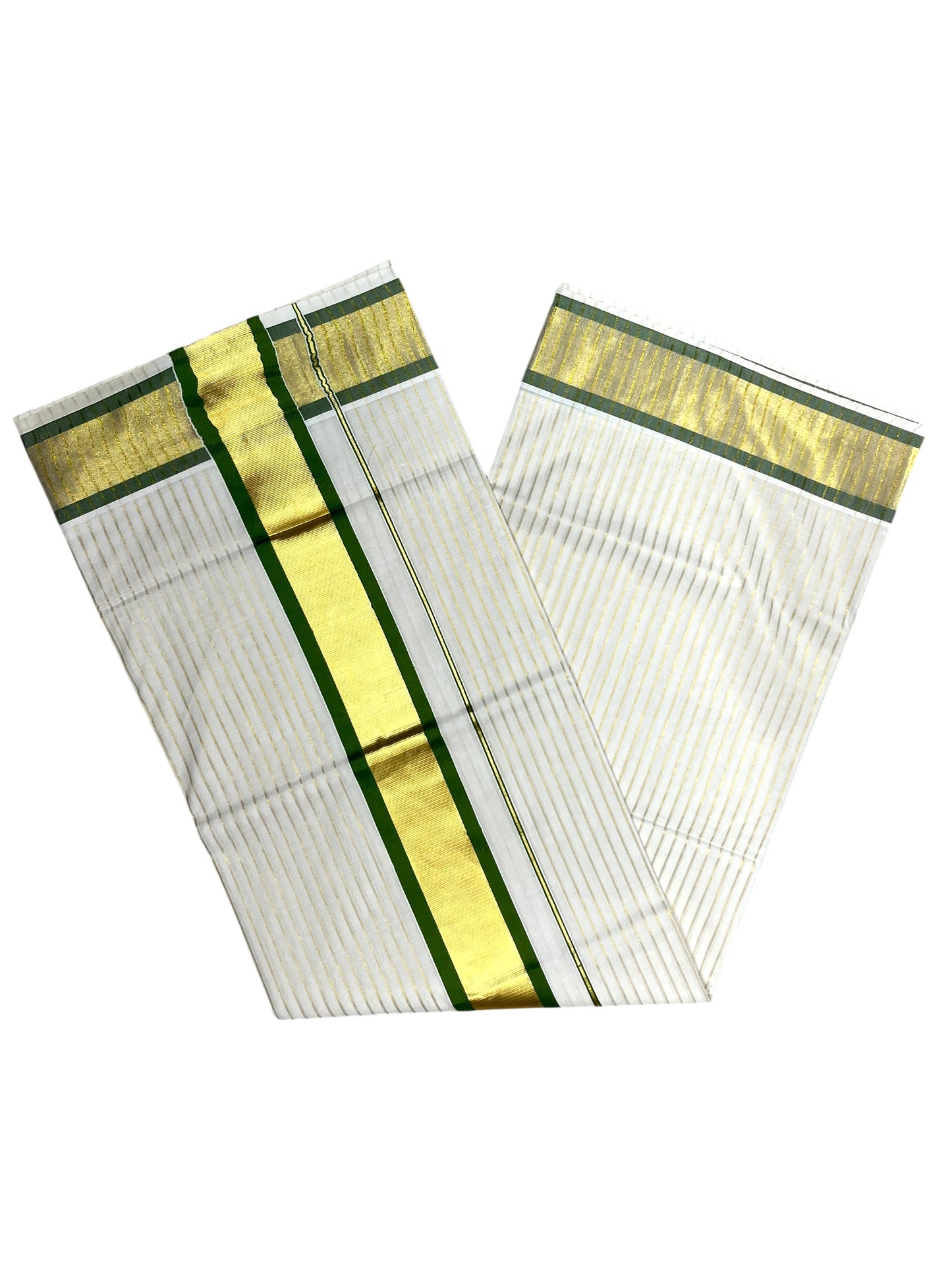 Southloom Pure Cotton Kerala Saree with Gold Kasavu Lines Across Body and Olive Green Border