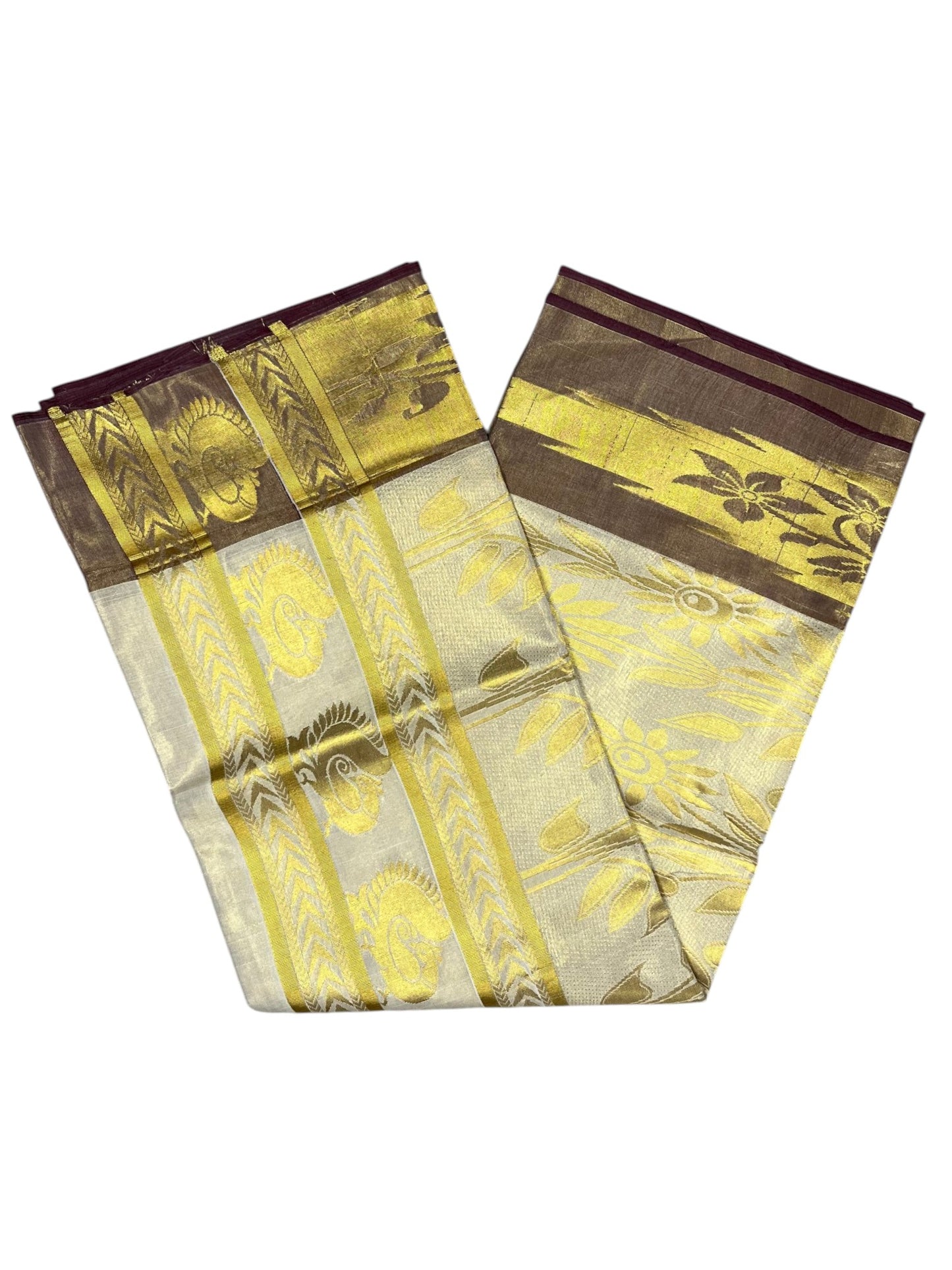 Southloom  Kerala Tissue Kasavu Heavy Work Saree with Peacock Design And Maroon Border SL483