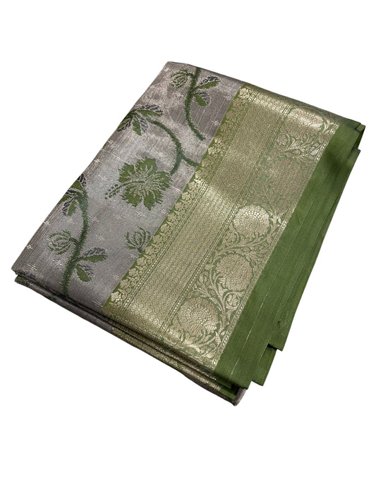 Southloom Tissue Silk Saree with Woven Work on Body and Borders (Grey & Green)