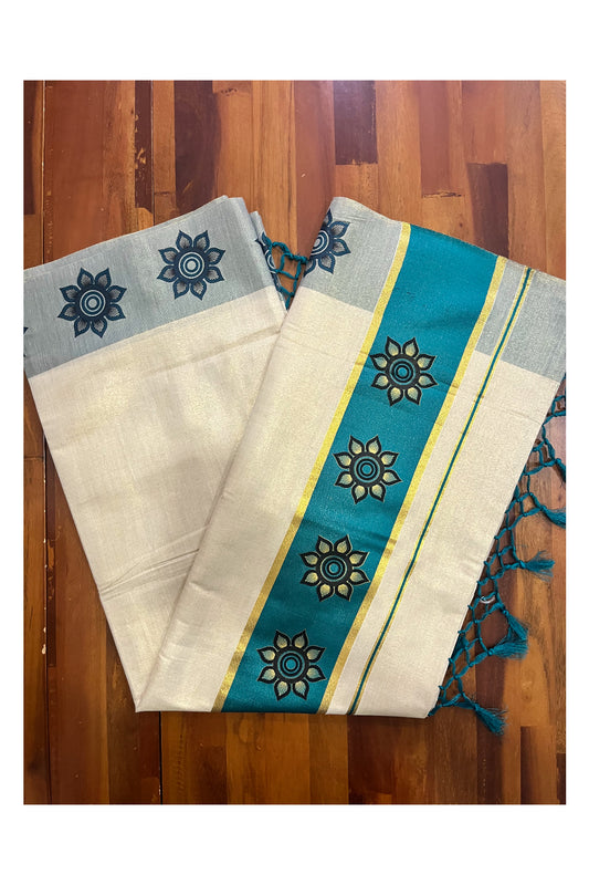 Kerala Tissue Kasavu Saree with Floral Block Prints in Green Border (Onam 2024 Collection)