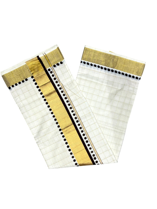 Southloom Cotton Kerala Kasavu Check Saree with Brown Polk Dots Design Border