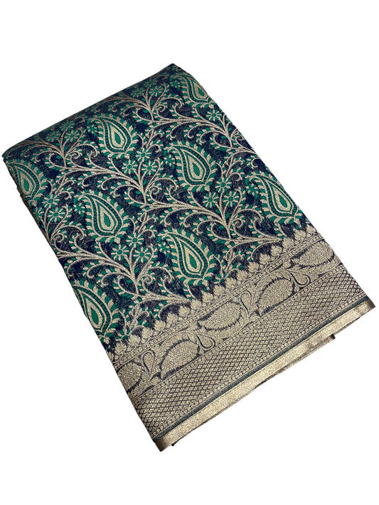 Southloom Cotton Banarasi Silk Saree with Woven Work on Body and Borders (Blue & Green)