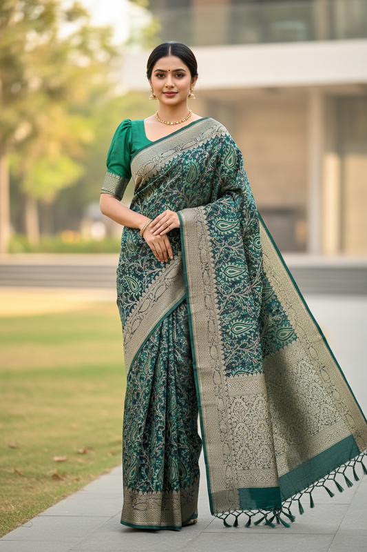 Southloom Cotton Banarasi Silk Saree with Woven Work on Body and Borders (Blue & Green)