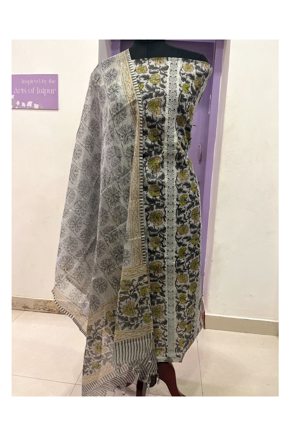 Southloom™ Semi Cotton Churidar Salwar Suit Material in Grey Floral Prints