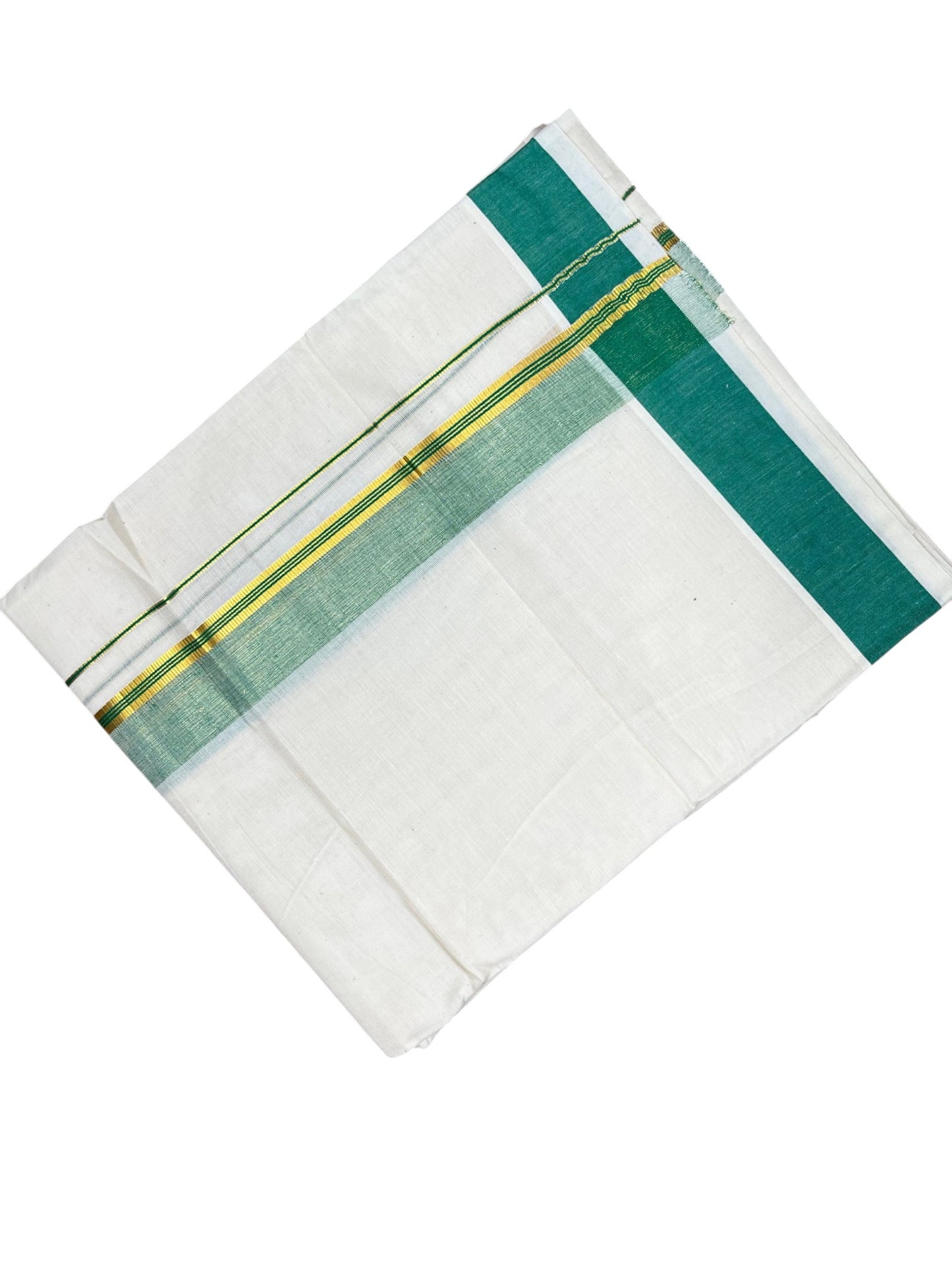 Southloom Kerala Pure Cotton Double Mundu with Gold Kasavu and Green Border with (South Indian Dhoti)