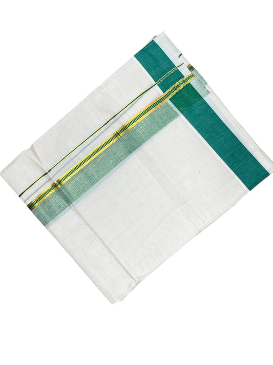 Southloom Kerala Pure Cotton Double Mundu with Gold Kasavu and Green Border with (South Indian Dhoti)