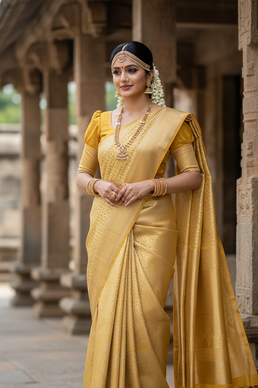 Southloom Brocade Silk Saree with Silver Zari Work in Yellow Pastel Shade