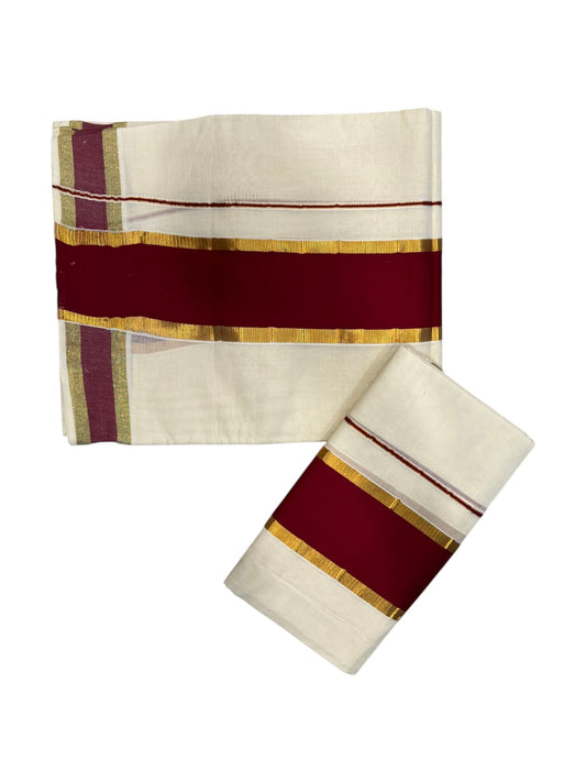 Southloom Kerala Cotton Single Set Mundu (Mundum Neriyathum) with Kasavu and Maroon Border