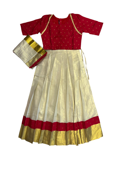 Southloom Semi Stitched Tissue Dhavani Set with Pavada and Orange Blouse Piece