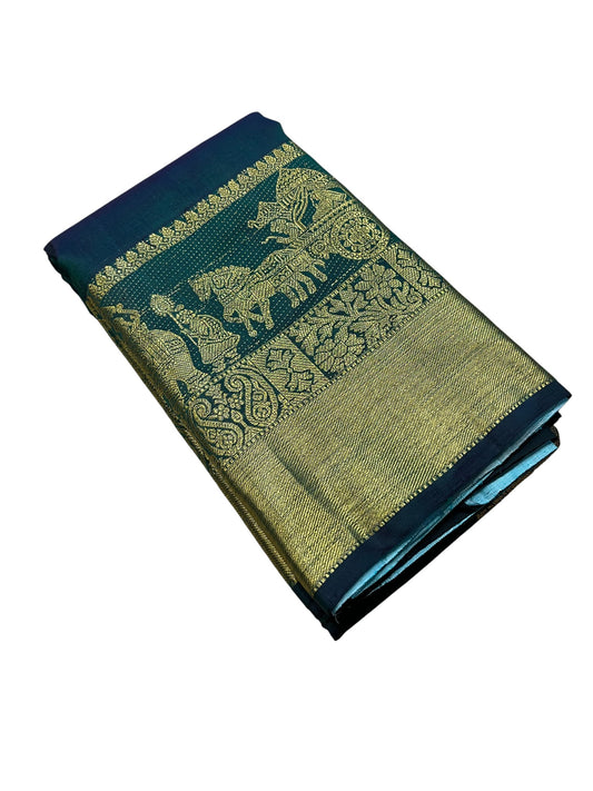 Southloom Premium Handloom Bridal Kanchipuram Silk Saree with Pallaku Design (Green)