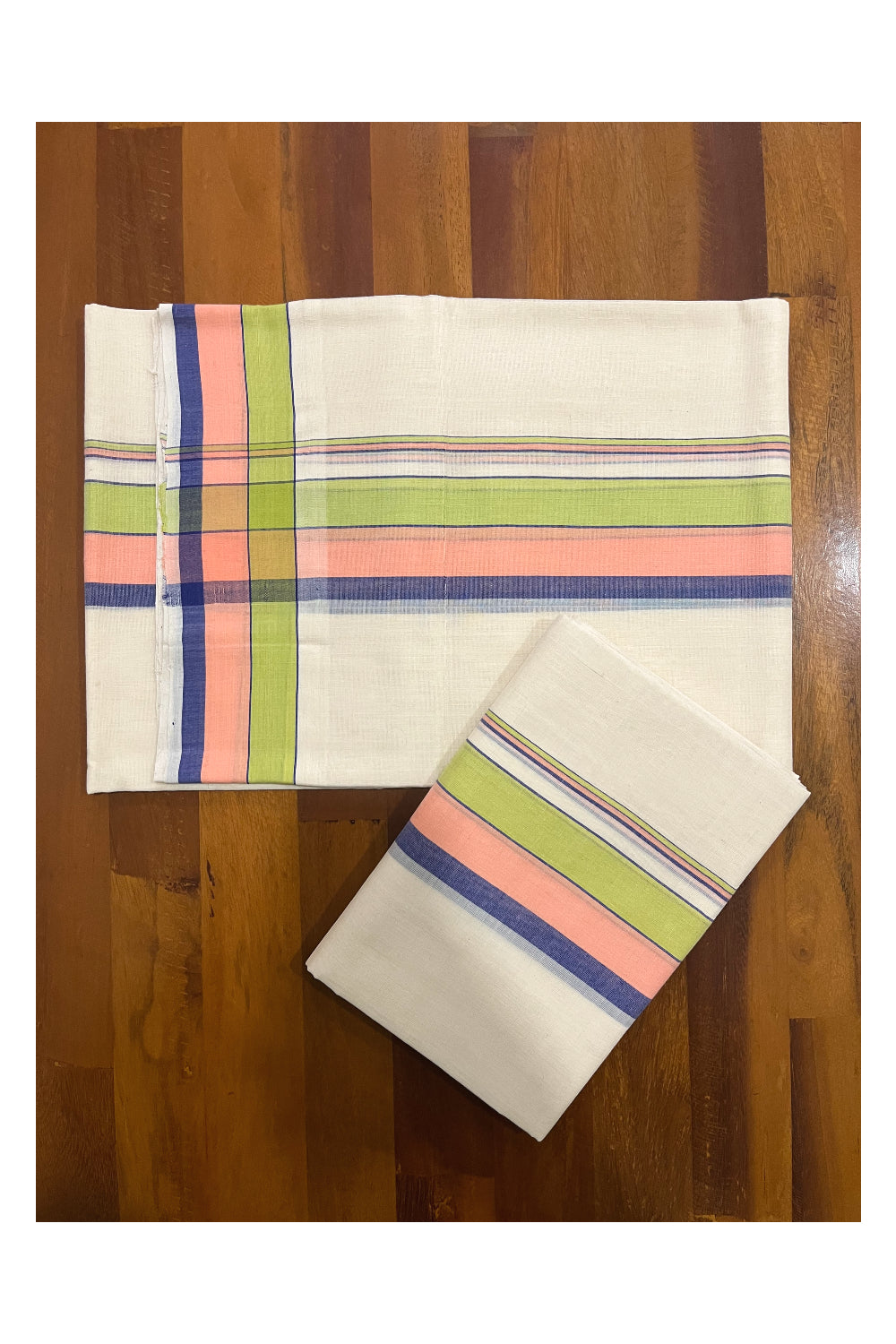 Southloom Premium Handloom Single Set Mundu (Mundum Neriyathum) with Green Peach and Blue Border