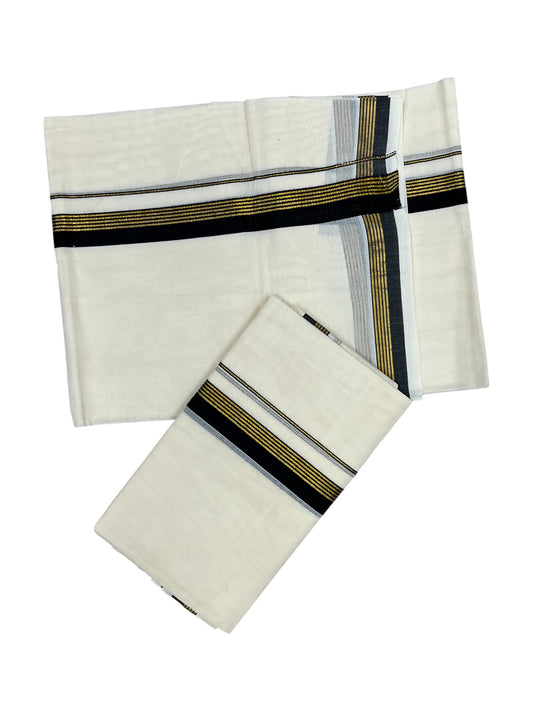 Pure Cotton Kerala Single Set Mundu (Mundum Neriyathum) with Black Kasavu Border