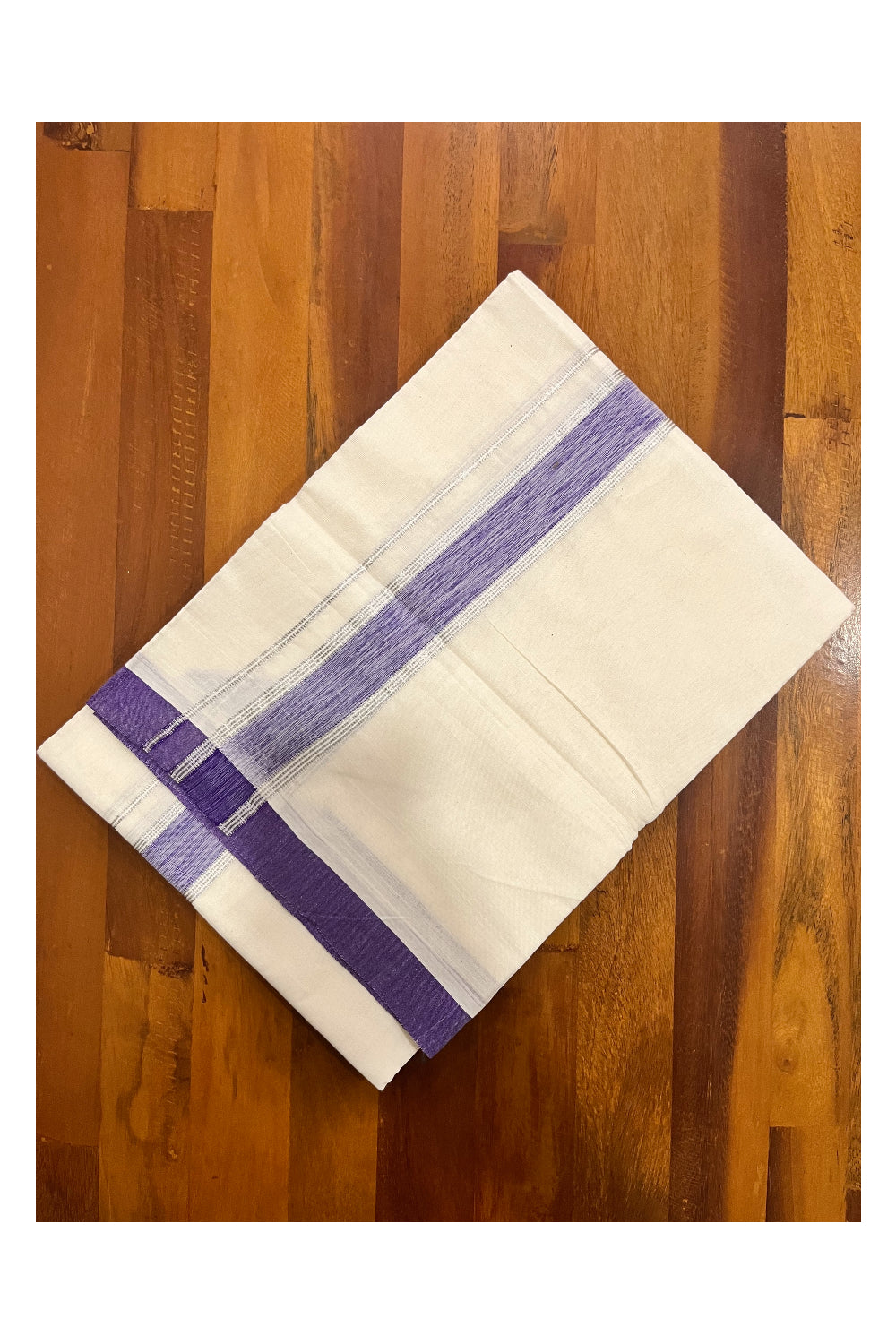 Cotton Double Mundu with Violet and Silver Kasavu Kara (South Indian Kerala Dhoti)