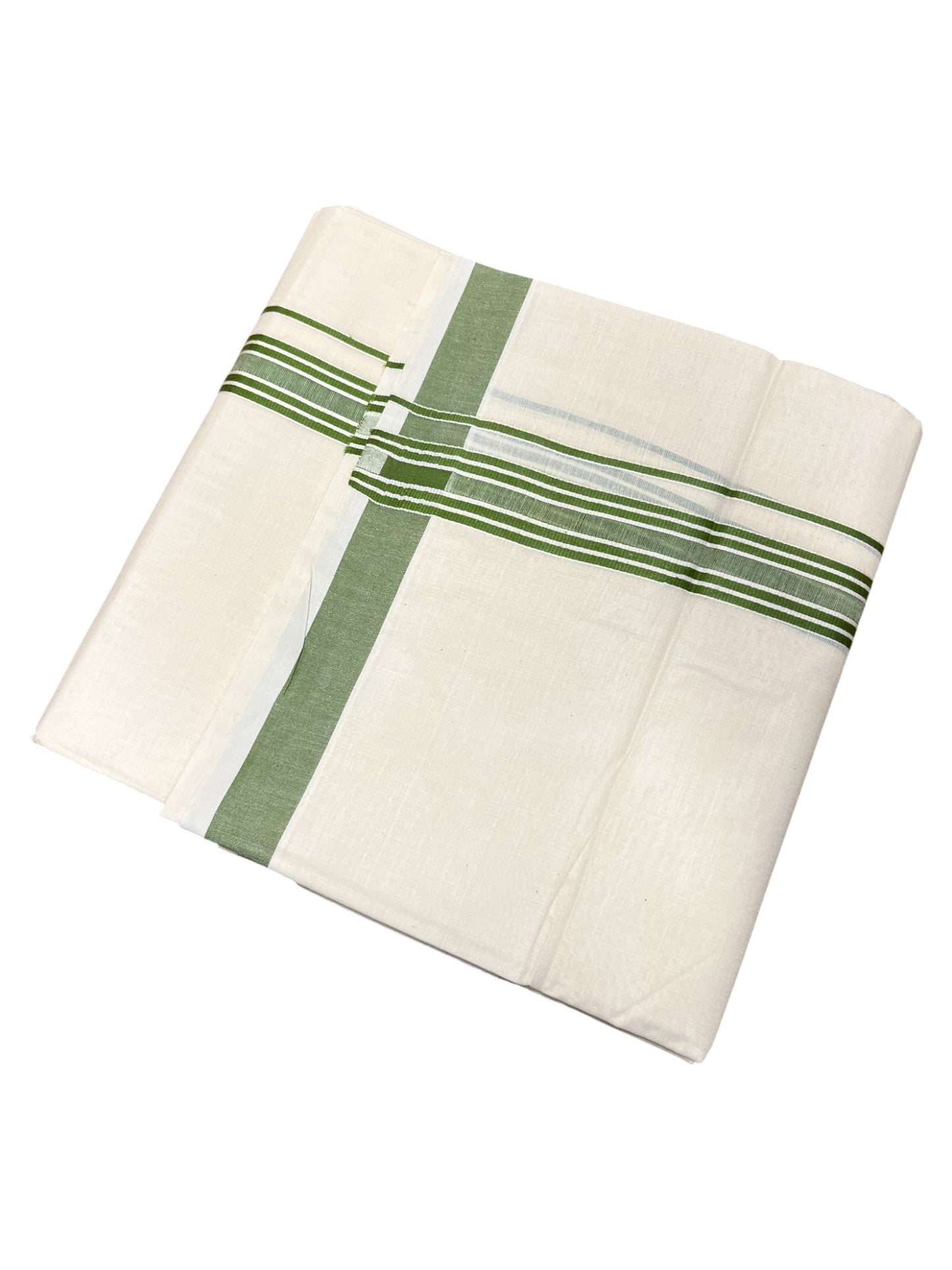 Southloom Pure Cotton Double Mundu With White Lines &Green Border (South Indian Kerala Dhoti)