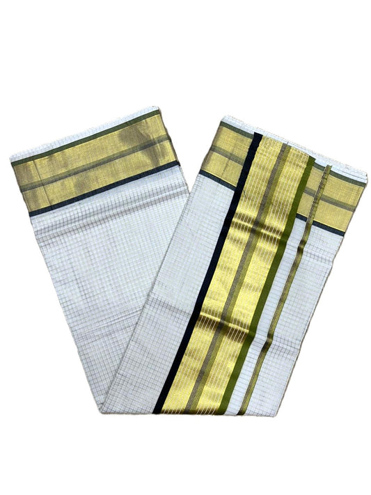Southloom Kerala Cotton Kasavu Saree with Micro Check Design on Body in Black & Olive Green Border SL453