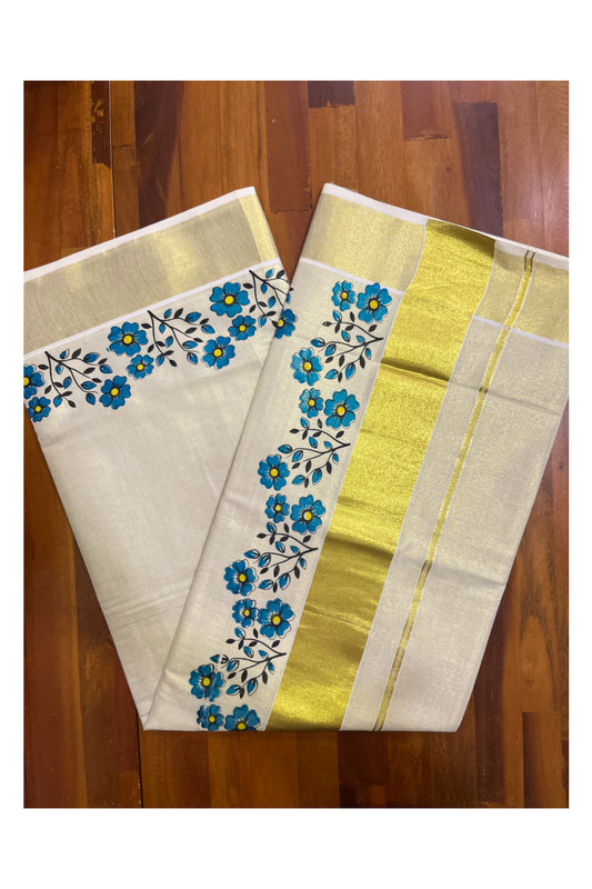 Kerala Tissue Kasavu Saree with Blue Floral Block Printed Designs