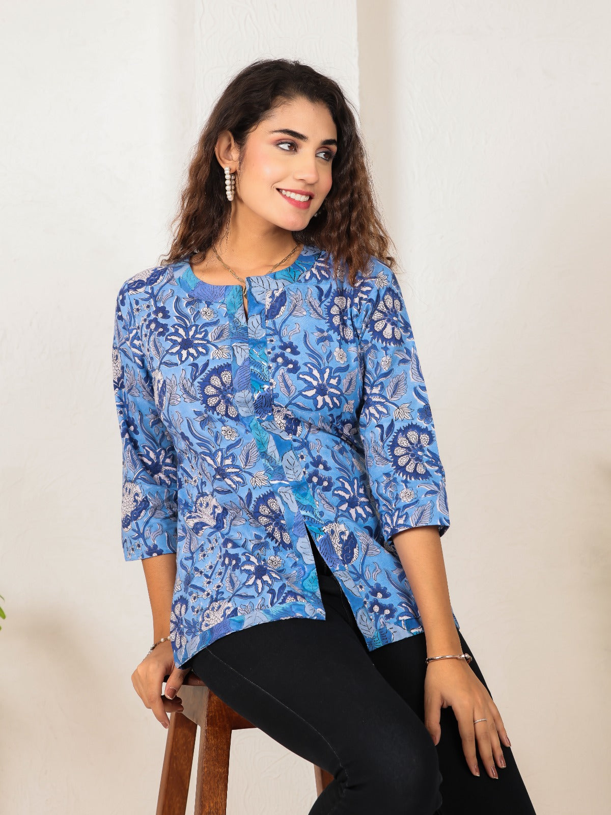 Southloom Jaipur Cotton Blue Floral Hand Block Printed Top