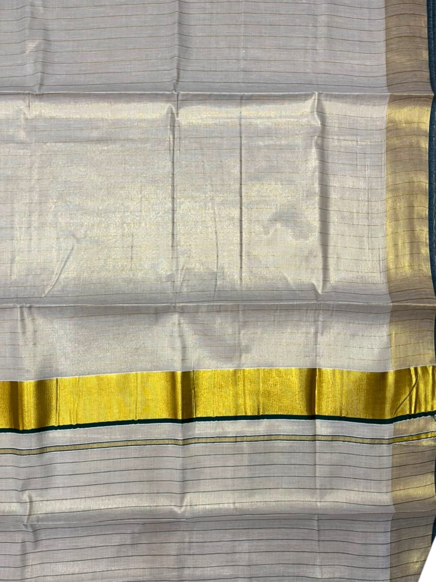 Southloom Kerala Tissue Kasavu Saree with Stripes on Body In Green Border