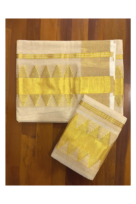 Southloom Premium Handloom Tissue Single Set Mundu with Temple Kasavu Design Border