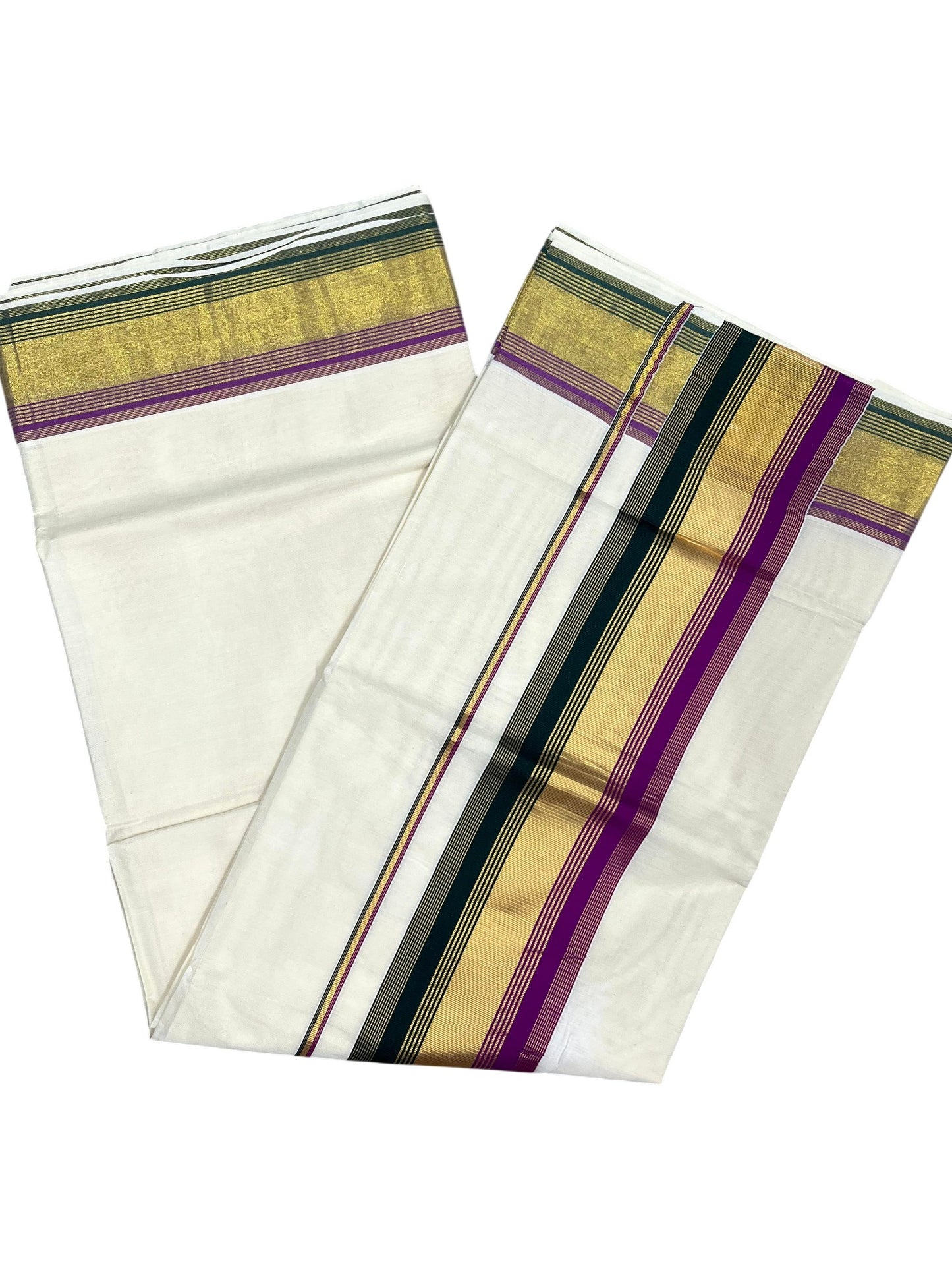 Southloom Kerala Cotton Kasavu Saree with Green And Magenta Border