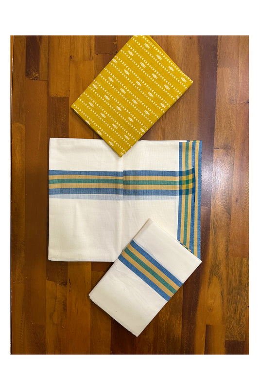 Southloom Mulloth Soft Cotton Blue Yellow Border Set Mundu with Jaipur Printed Blouse Piece (2.60 M Neriyathu / Blouse 1 Meter)