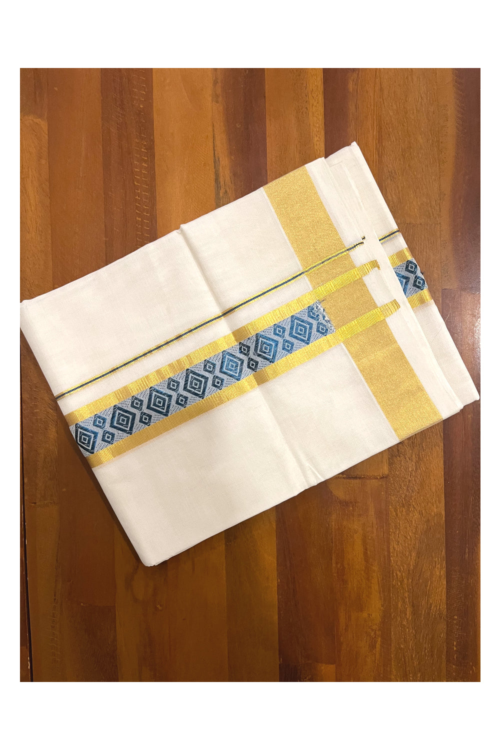 Southloom Premium Handloom Pure Cotton Mundu with Golden and Blue Kasavu Woven Border (Onam Mundu 2023)