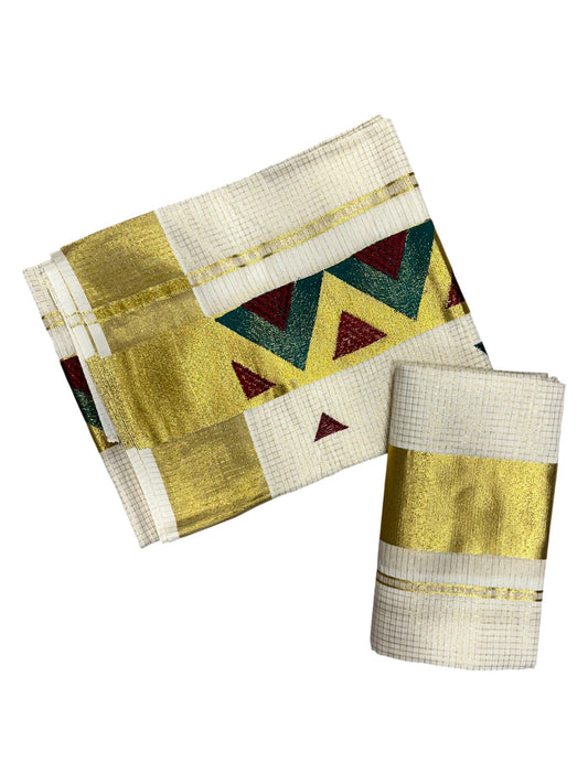 southloom Kerala TIssue Kasavu Mundum Neriyathum  (Set Mundu) with Green Maroon  Embroidery Designs in Kasavu Border