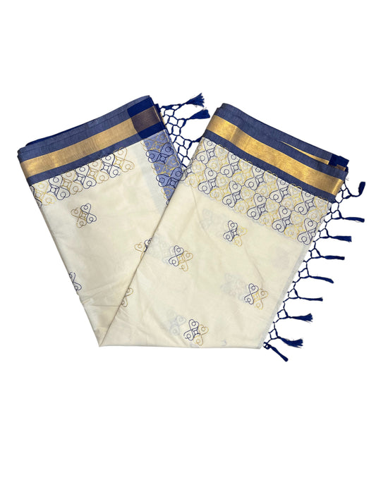 Southloom Kerala Cotton Saree with Blue and Golden Embroidery Works