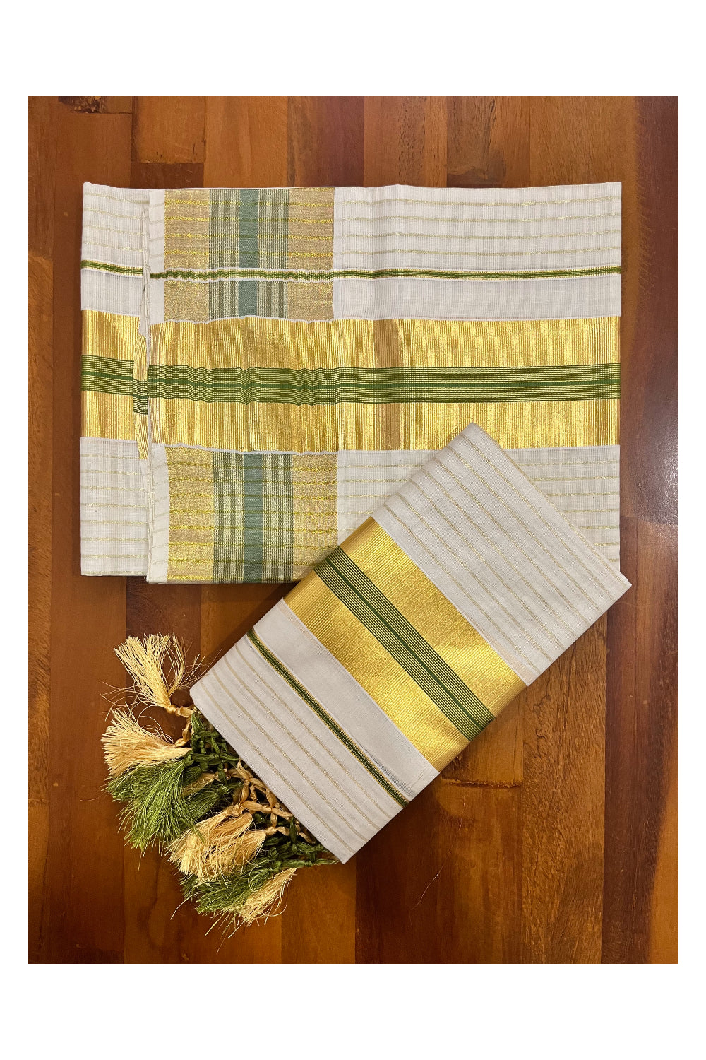 Pure Cotton Kerala Set Mundu with Kasavu Lines on Body Olive Green Border and Tassels Designs 2.80 Mtrs