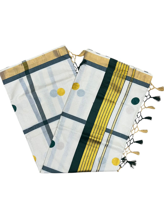 Southloom Kerala Cotton Kasavu Saree with Green & Gold Polka Works on BodySL581