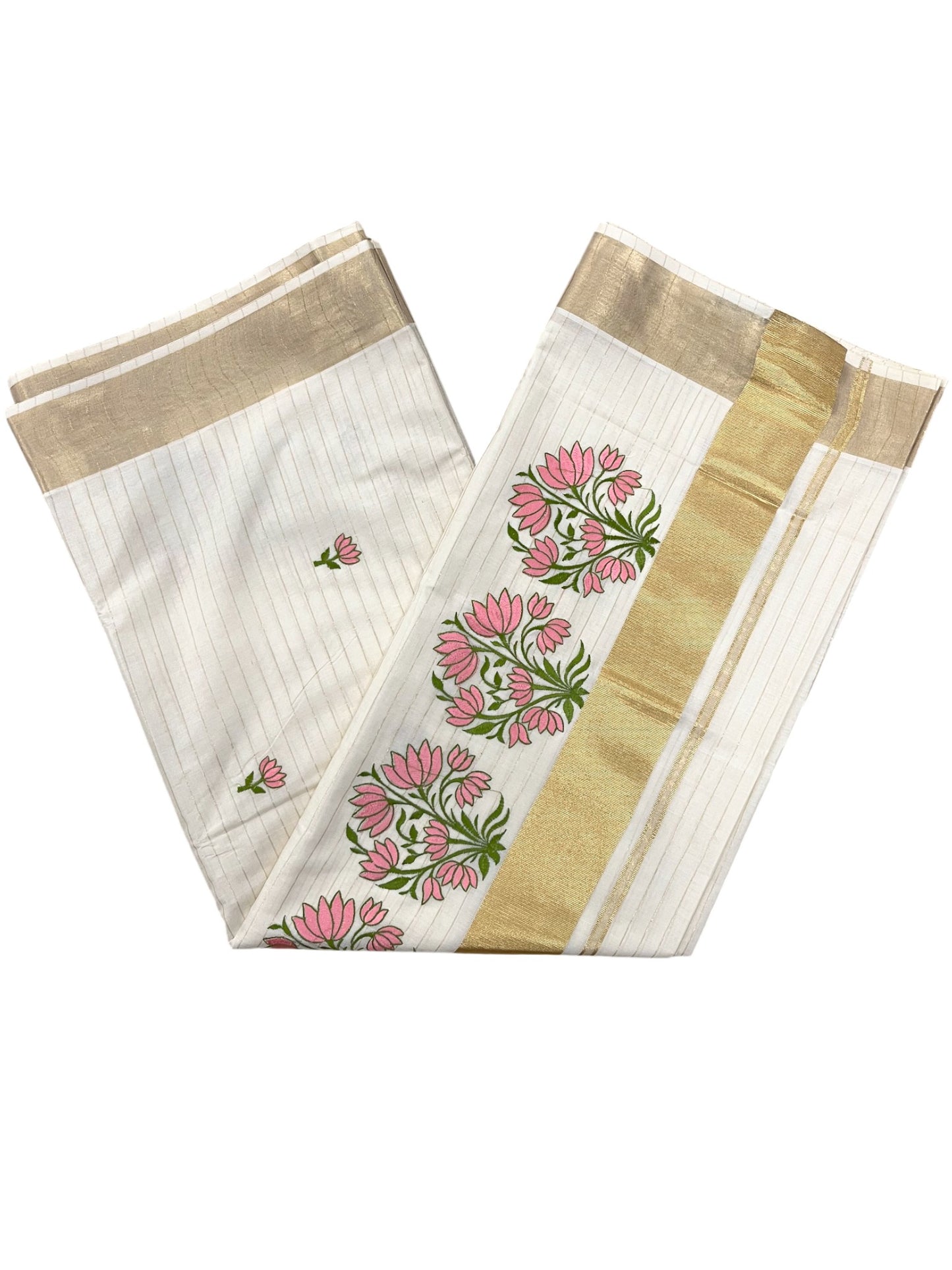 Southloom Kerala Cotton Kasavu Saree Pink Floral Embroidery  Design