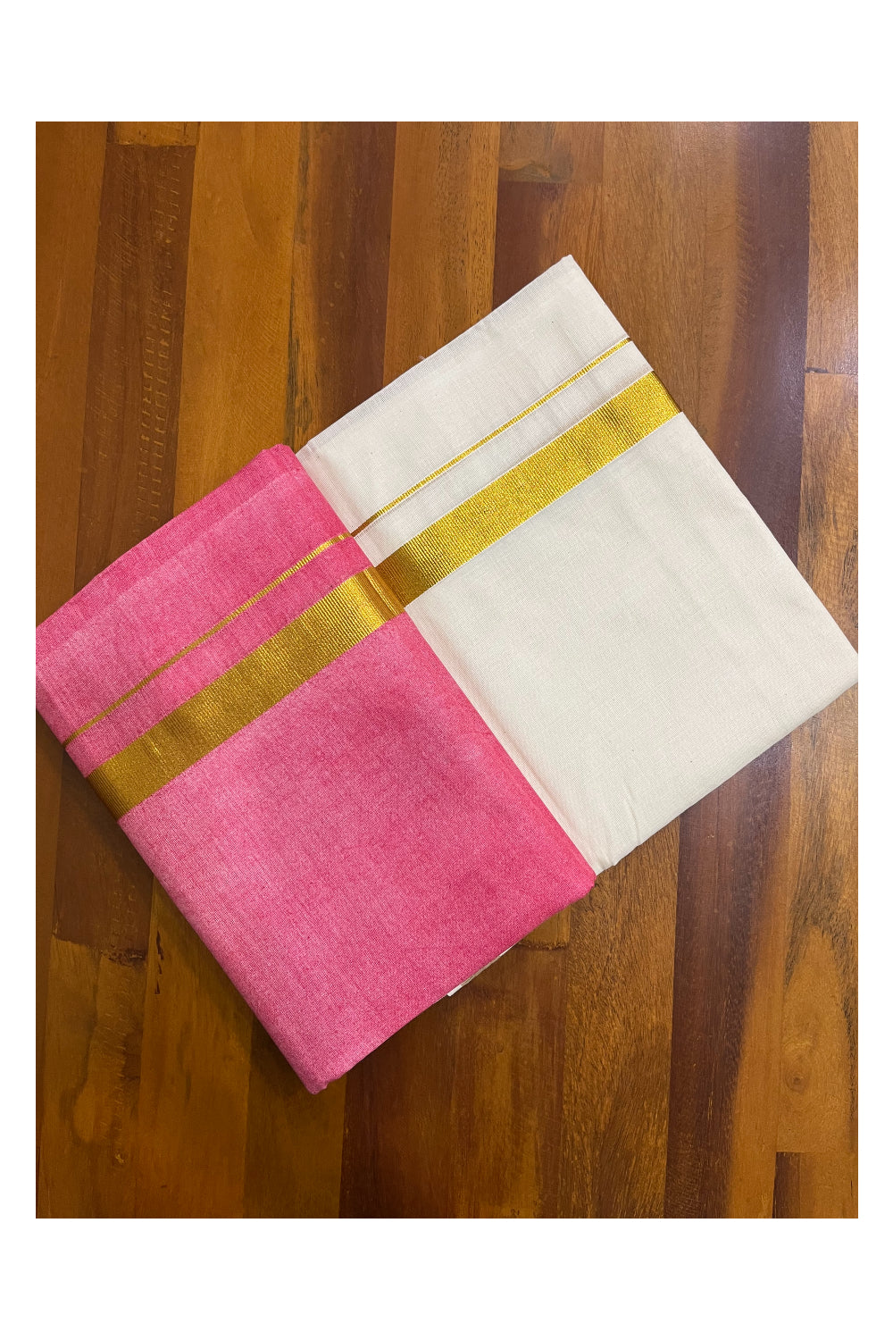 Southloom Tie & Dye - Half & Half  Multi Colour Dark Pink Design Cotton Kerala Double Mundu with Kasavu Border (South Indian Kerala Dhoti)