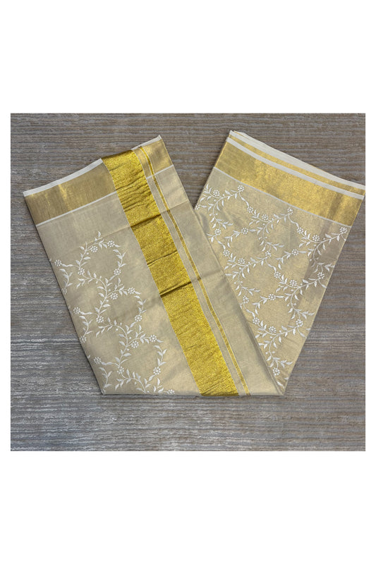 Southloom Kerala Tissue Kasavu Saree with Floral Flower Embroidery Works