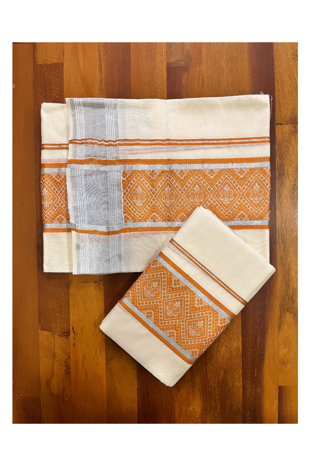 Kerala Cotton Mundum Neriyathum Single (Set Mundu) with Orange Woven Designs and Silver Kasavu Border 2.80 Mtrs